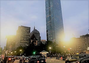 City life and the ocean. Boston by night.