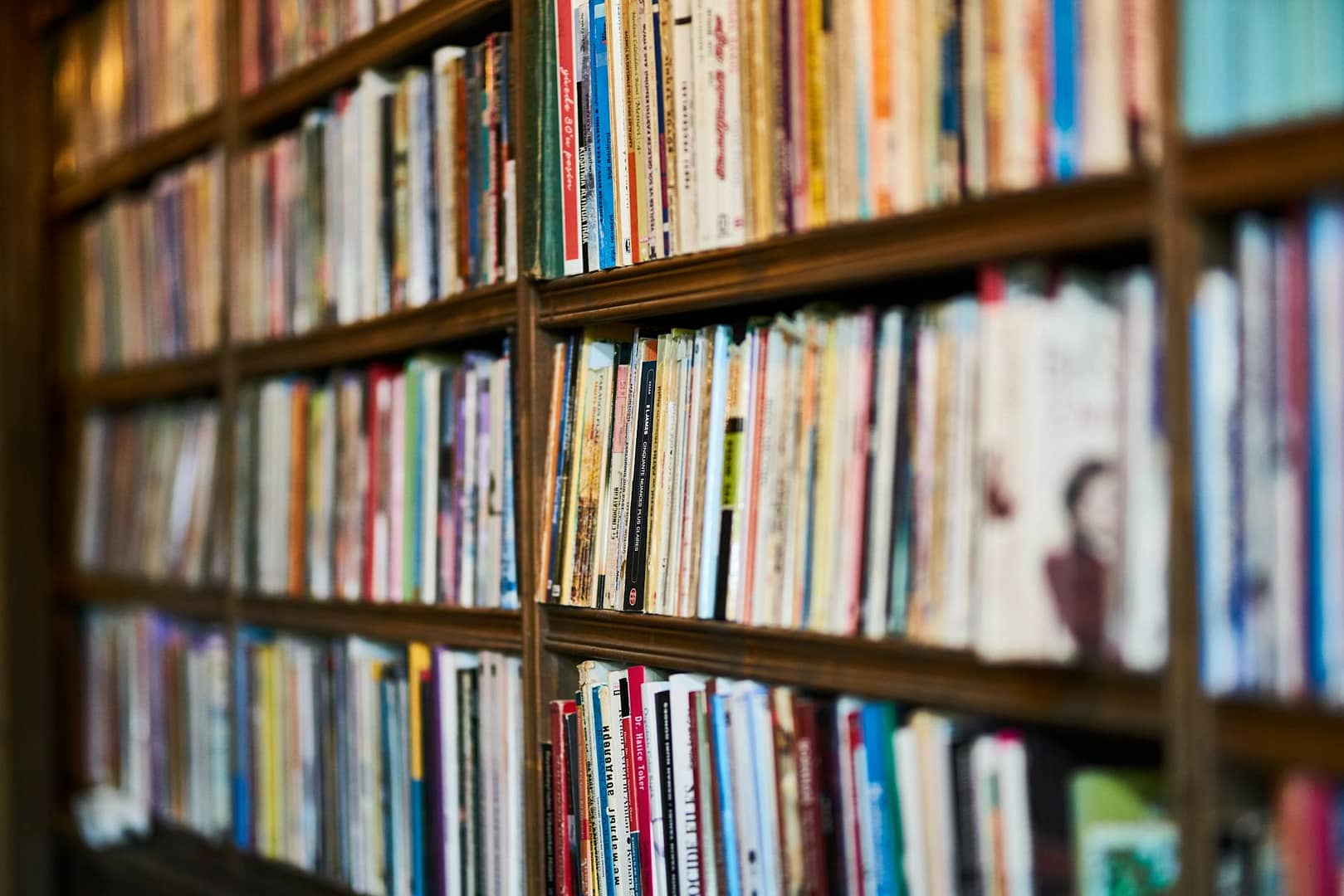 assorted books on wooden shelf